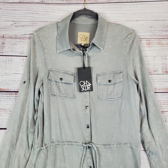 Chaser Drawstring Gray Shirt Dress Sz M Elephant Cloud Wash Casual Neutral NWT - Picture 4 of 12